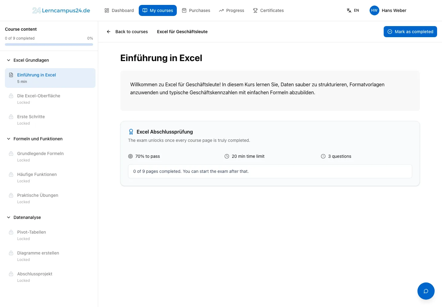 LernCampus24 Kursplayer mit gesperrten Lektionen, Prüfungsfreigabe und exaktem Seitenfortschritt