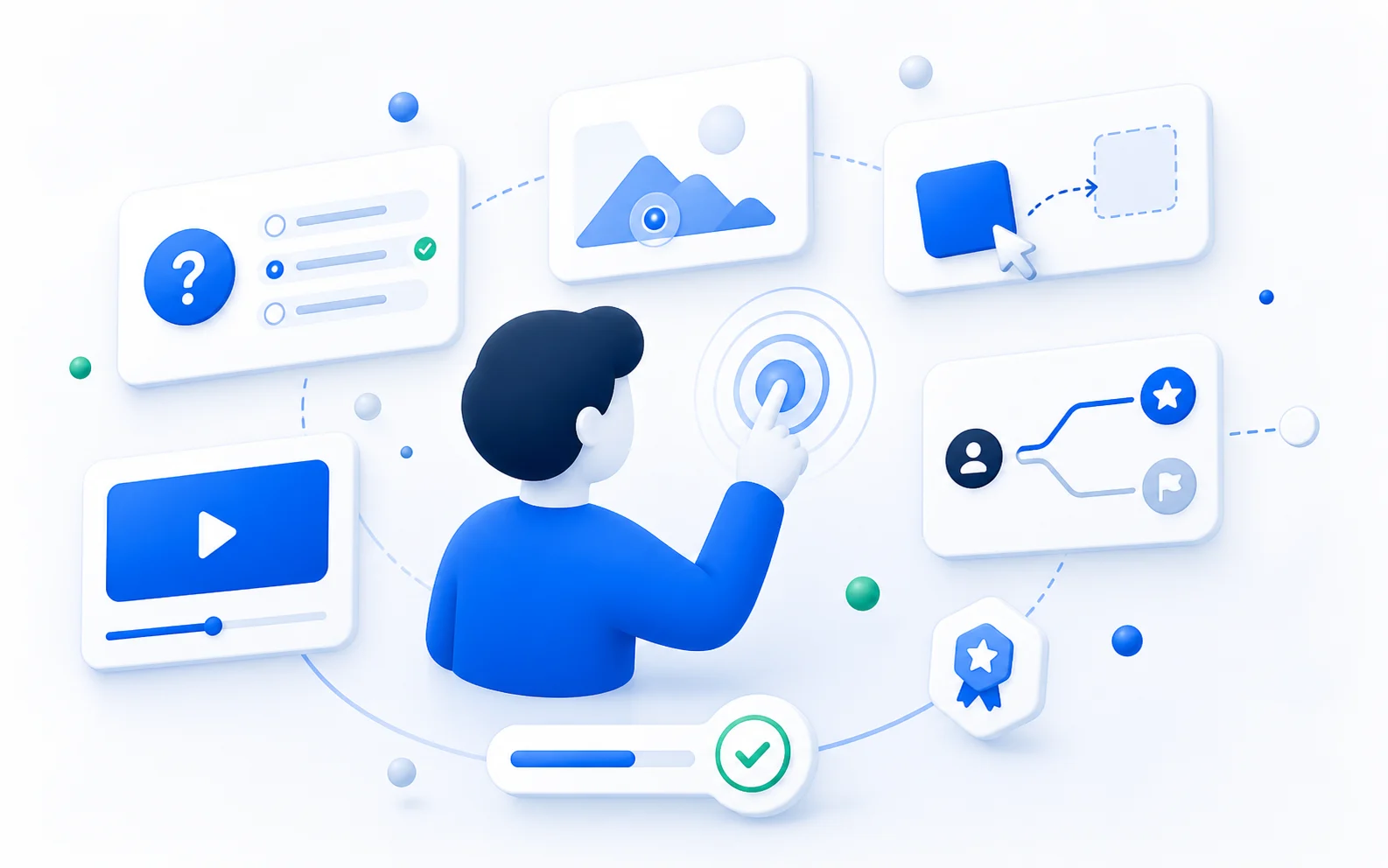 Illustration: Lernende interagieren mit Quiz, Hotspots und Szenarien